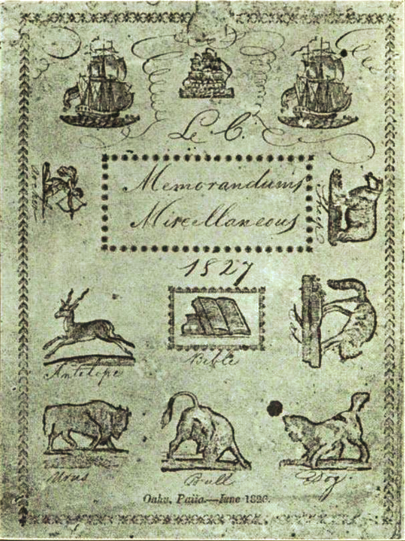 A hand-drawn memorandum from Oahu, Hawaii dated June 1827 shows sketches of ships and animals.